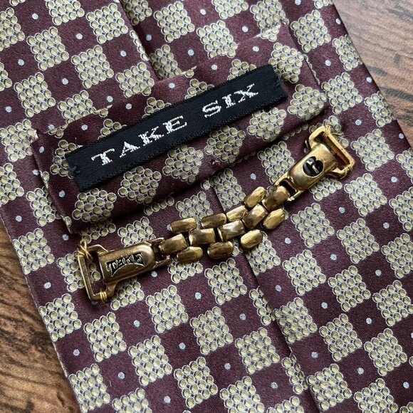 Take Six Mens Silk Tie Brown Tan Checkerboard Necktie Gold Chain Keeper Loop - Picture 7 of 9